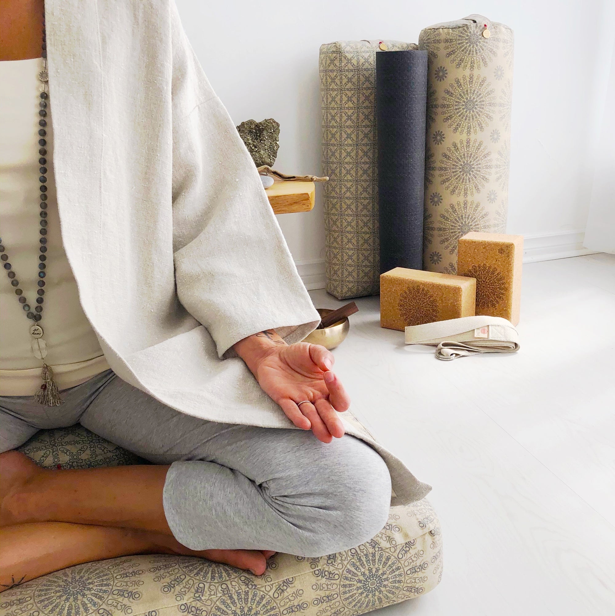 Yoga props, meditation cushions, meditation kimono, mala